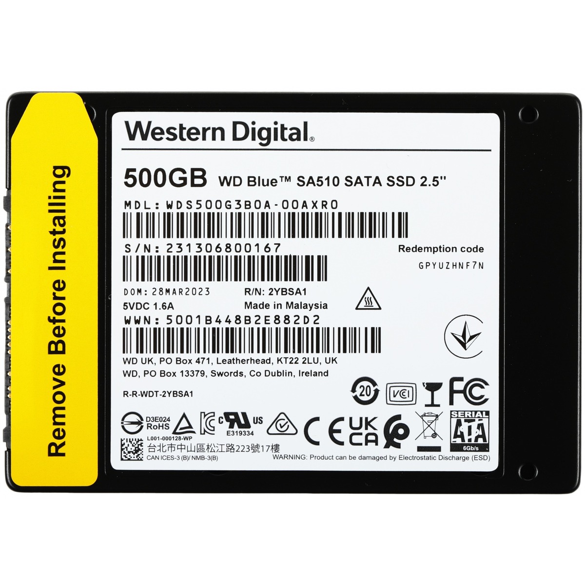 Накопитель SSD WD SATA III 500Gb WDS500G3B0A