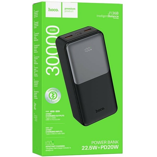 Внешний аккумулятор Hoco J136B Sirui 30000mAh, черный Внешний аккумулятор Hoco J136B Sirui 30000mAh, черный