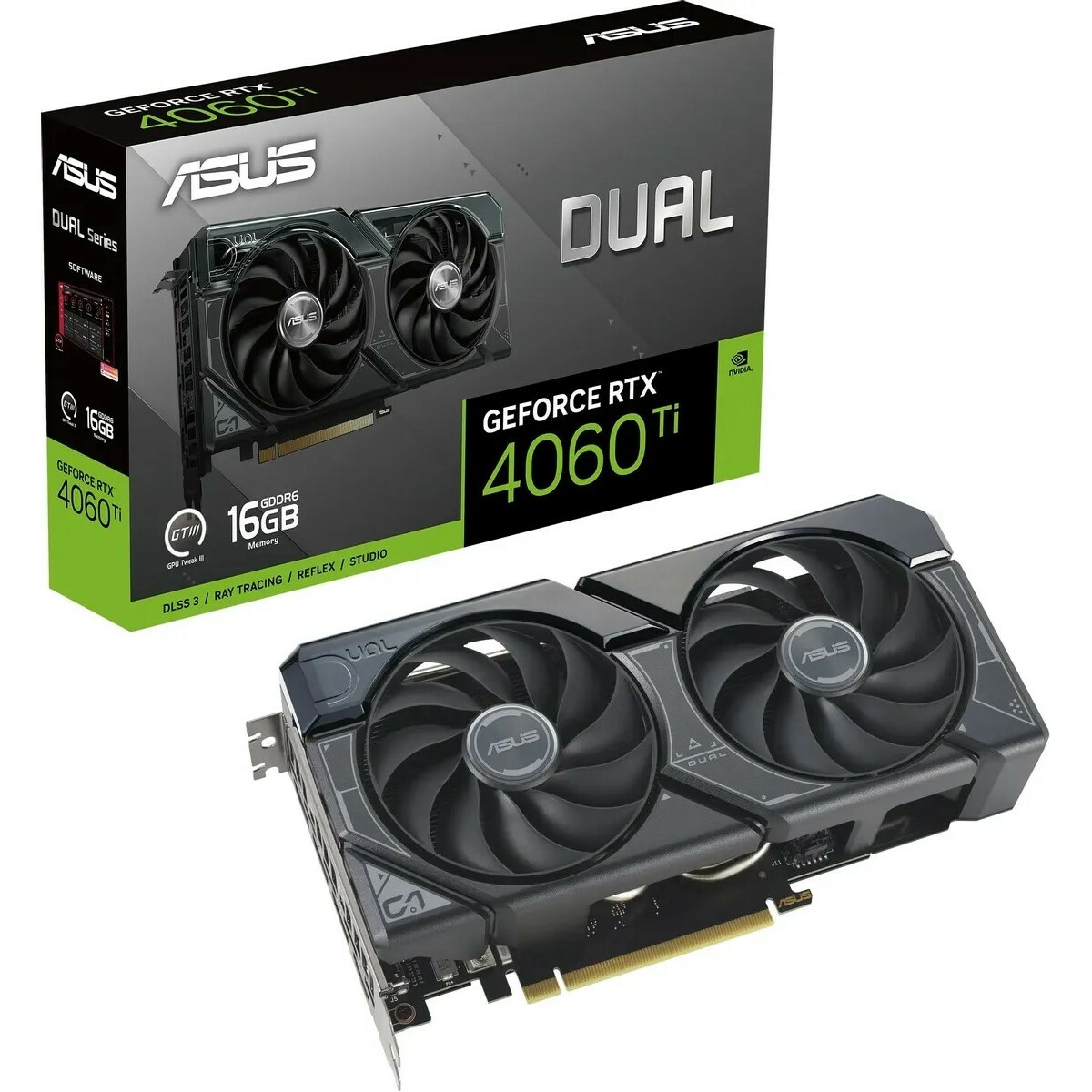 Видеокарта Asus PCI-E 4.0 DUAL-RTX4060TI-16G NVIDIA GeForce RTX 4060TI 16Gb 128bit GDDR6 2520 / 18000 HDMIx1 DPx3 HDCP Ret