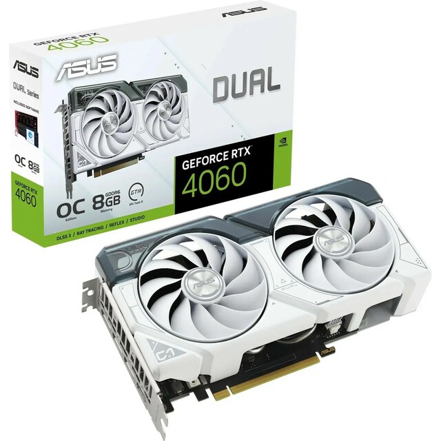 Видеокарта Asus PCI-E 4.0 DUAL-RTX4060-O8G-WHITE NVIDIA GeForce RTX 4060 8192Mb 128 GDDR6 2505/17000 HDMIx1 DPx3 HDCP Ret