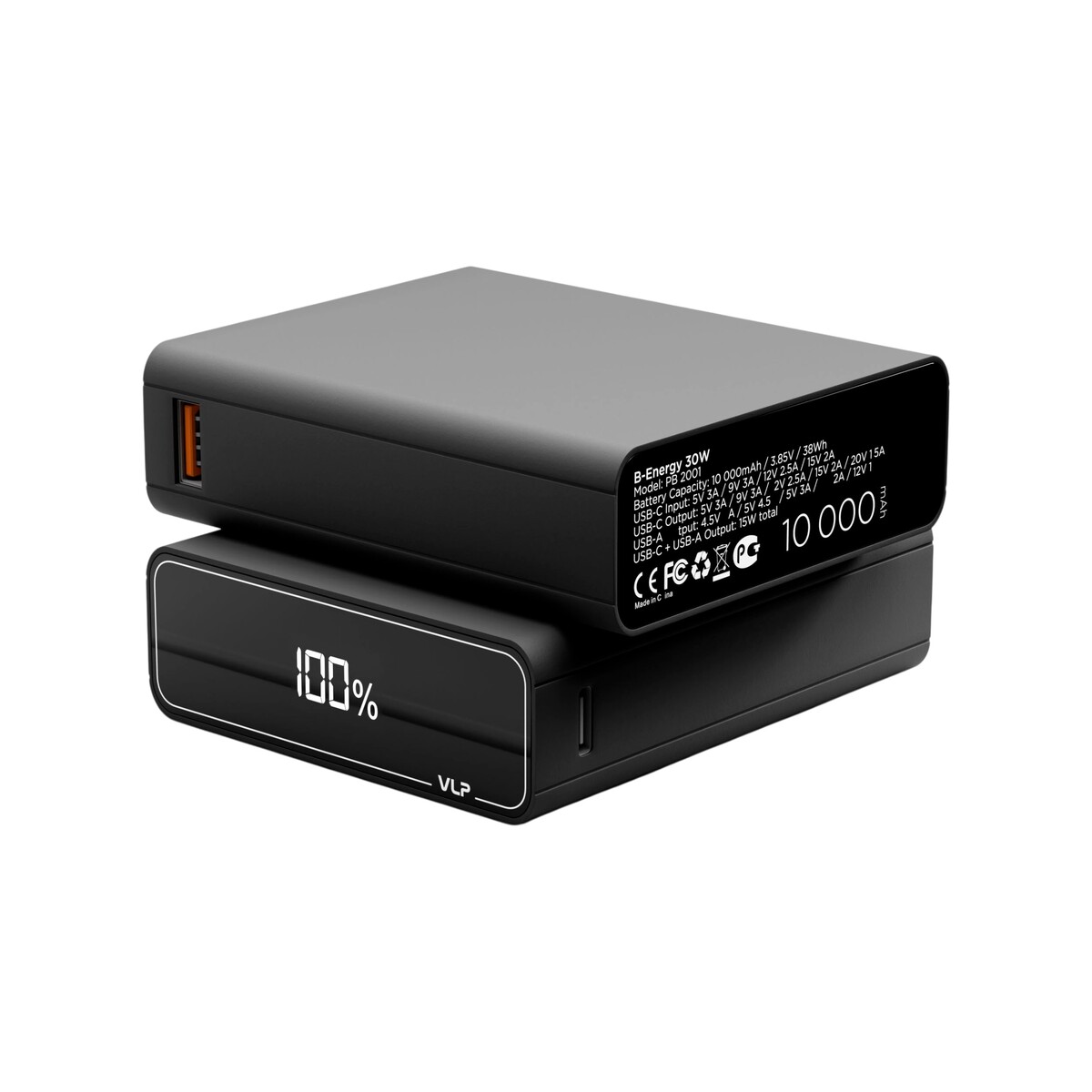 Аккумулятор внешний VLP B-Energy 10000 mAh 30W, USB-C, USB-A, серый