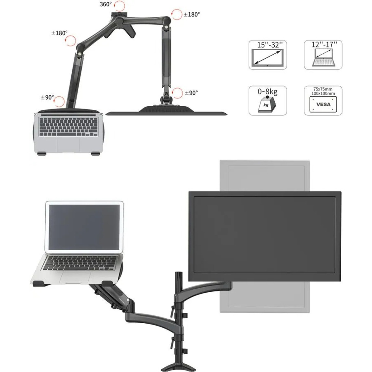 Кронштейн для монитора/ноутбука Cactus CS-VM-LH08-BK (Цвет: Black) 