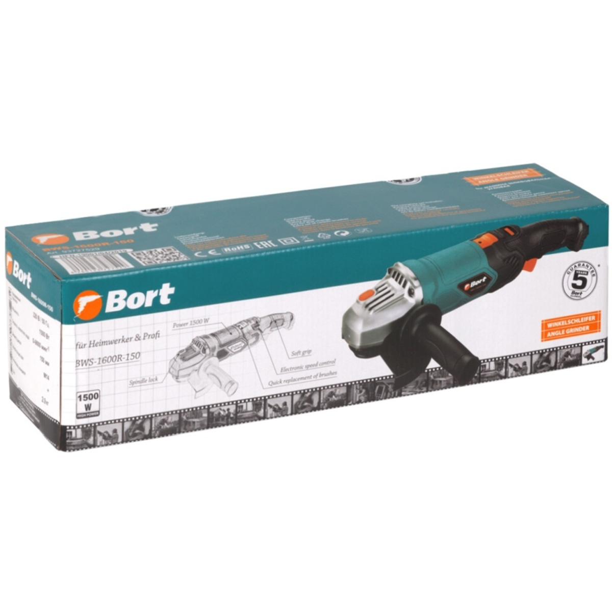 Углошлифовальная машина Bort BWS-1600R-150 (Цвет: Blue)