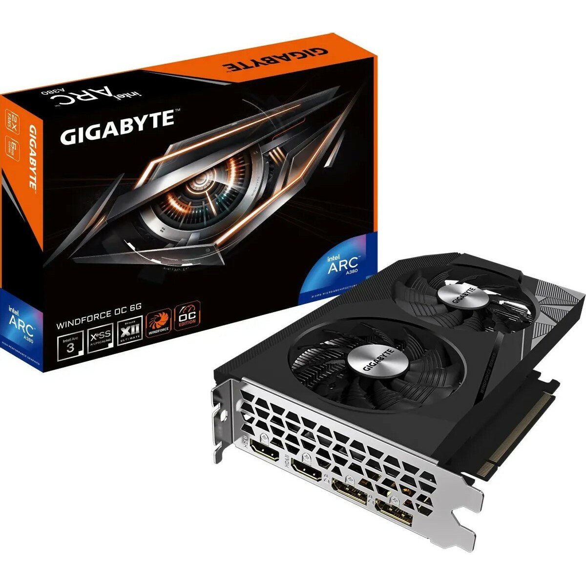 Видеокарта Gigabyte PCI-E 4.0 GV-IA380WF2OC-6GD INTEL Arc A380 WindForce 6144Mb 64 GDDR6 2039 / 16000 HDMIx1 DPx1 HDCP Ret