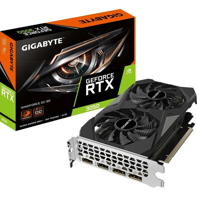 Видеокарта Gigabyte PCI-E 4.0 GV-N3050WF2OC-6GD NVIDIA GeForce RTX 3050 6Gb 128bit GDDR6 1792/14000 HDMIx2 DPx2 HDCP Ret