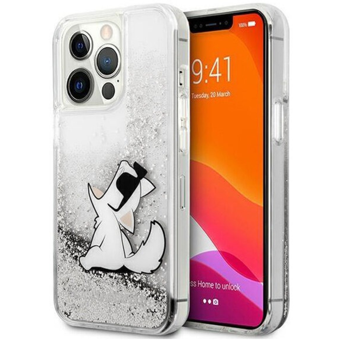 Чехол-накладка Karl Lagerfeld Liquid Glitter Case Choupette Fun для смартфона Apple iPhone 13 Pro (Цвет: Silver)