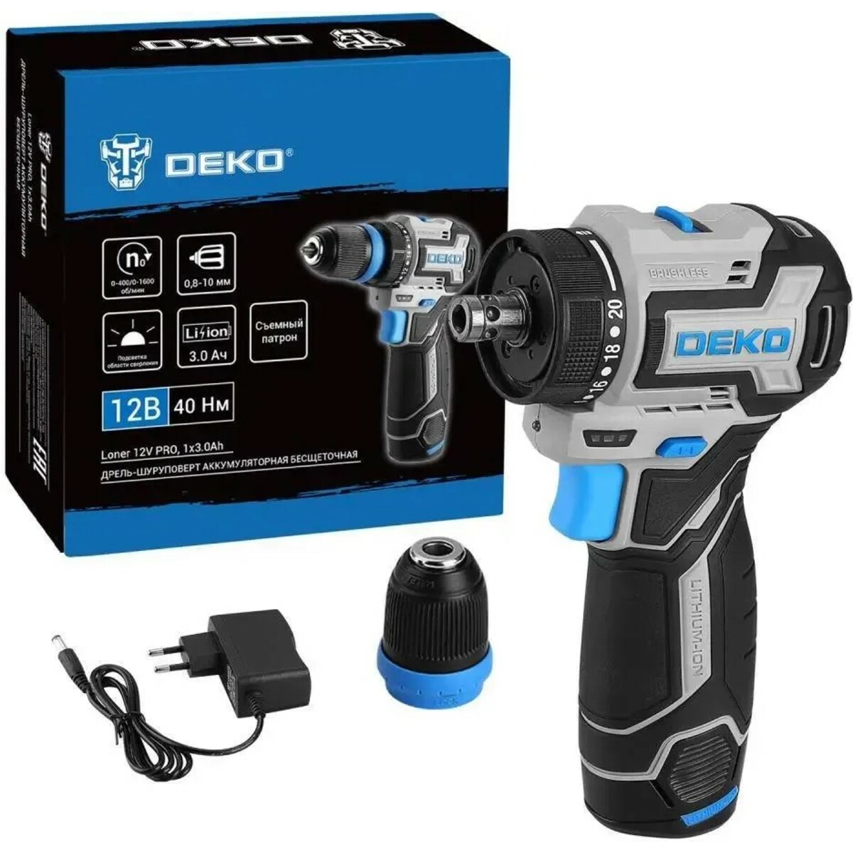 Дрель-шуруповерт Deko Loner 12V Pro (Цвет: Gray/Black)