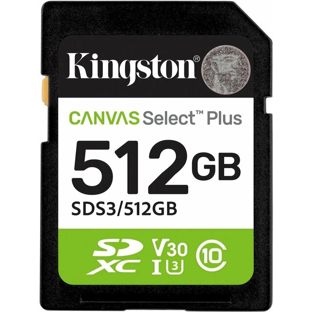 Карта памяти SDXC 512GB Kingston SDS3 / 512GB Canvas Select Plus V10 w / o adapter, черный