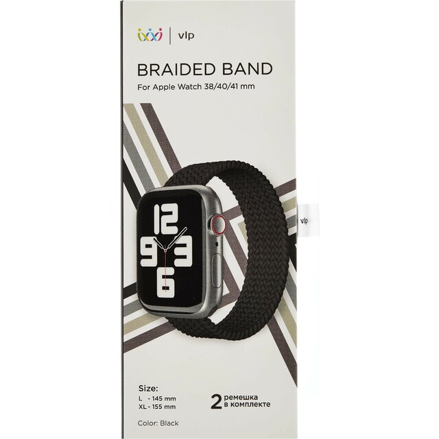 Ремешок нейлоновый плетеный VLP Braided Band для Apple Watch 38/40/41 mm (L/XL 2шт), черный