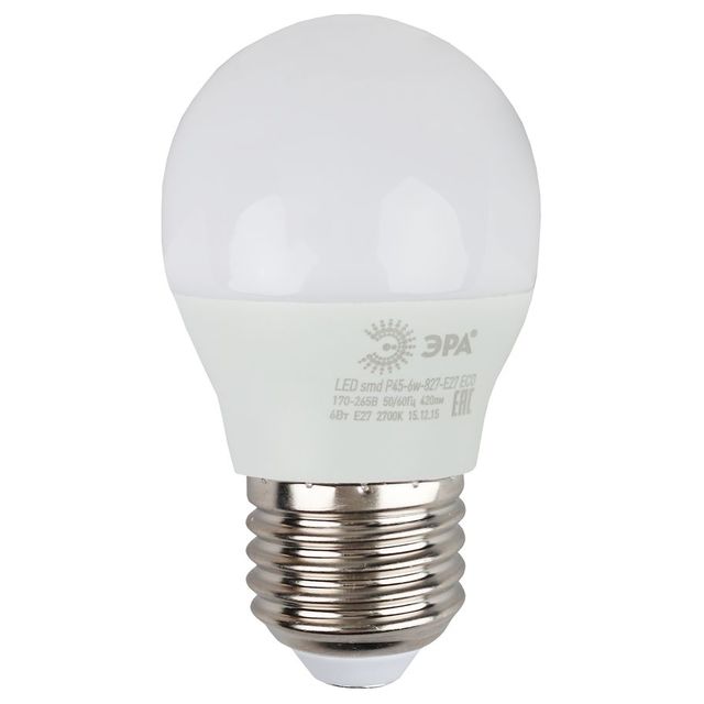 Лампа светодиодная Эра Р45-6W-840-E27 6Вт цоколь:E27 колба:P45 (упак.:3шт) 