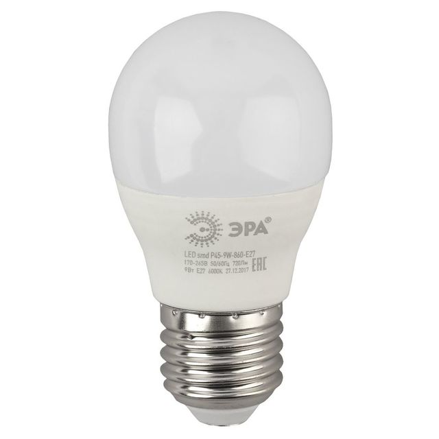 Лампа светодиодная Эра P45-9W-827-E27 9Вт цоколь:E14 6000K колба:P45 (упак.:3шт) 