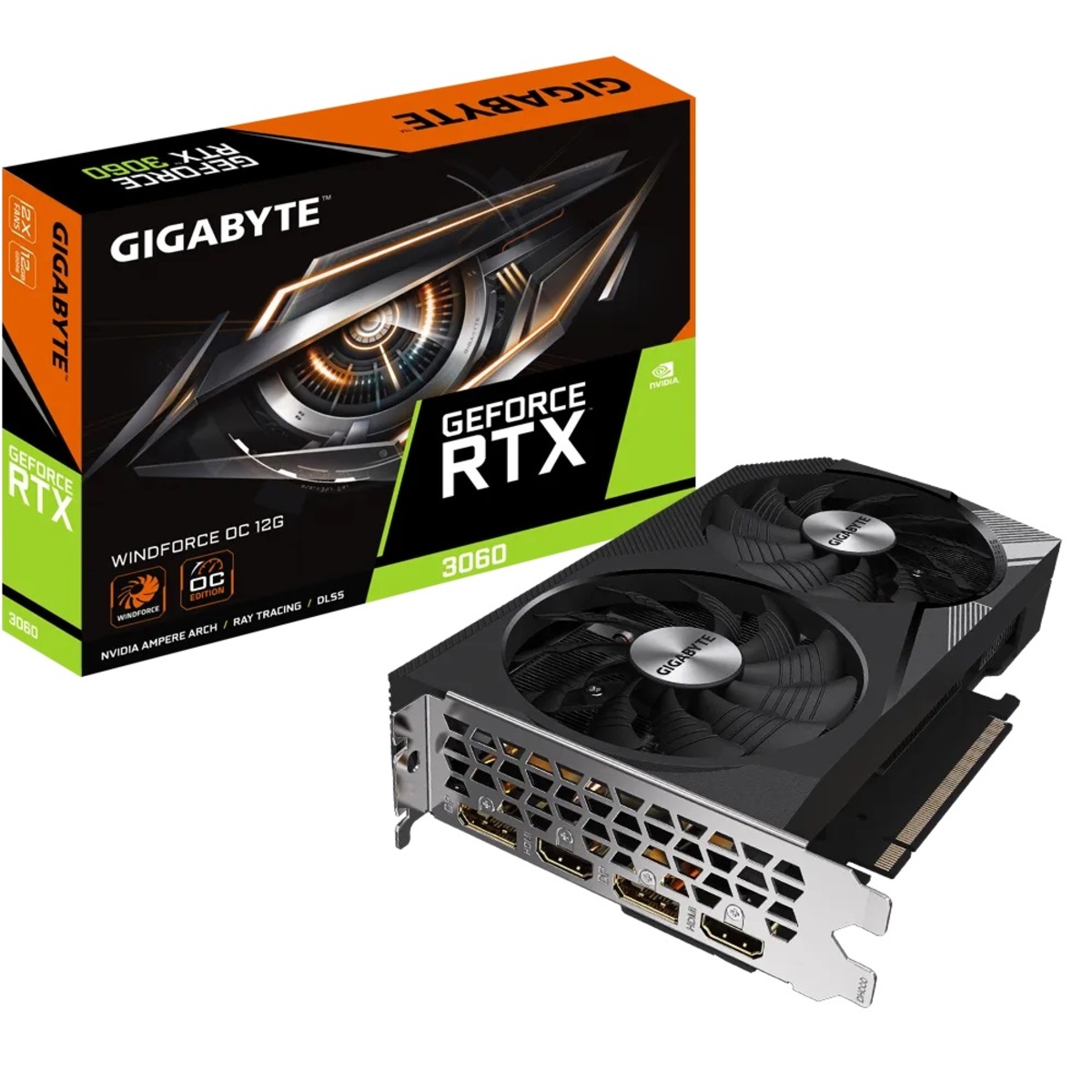 Видеокарта GIGABYTE PCI-E 4.0 GV-N3060WF2OC-12GD NVIDIA GeForce RTX 3060 12288Mb 192 GDDR6 1792 / 15000 HDMIx2 DPx2 HDCP Ret