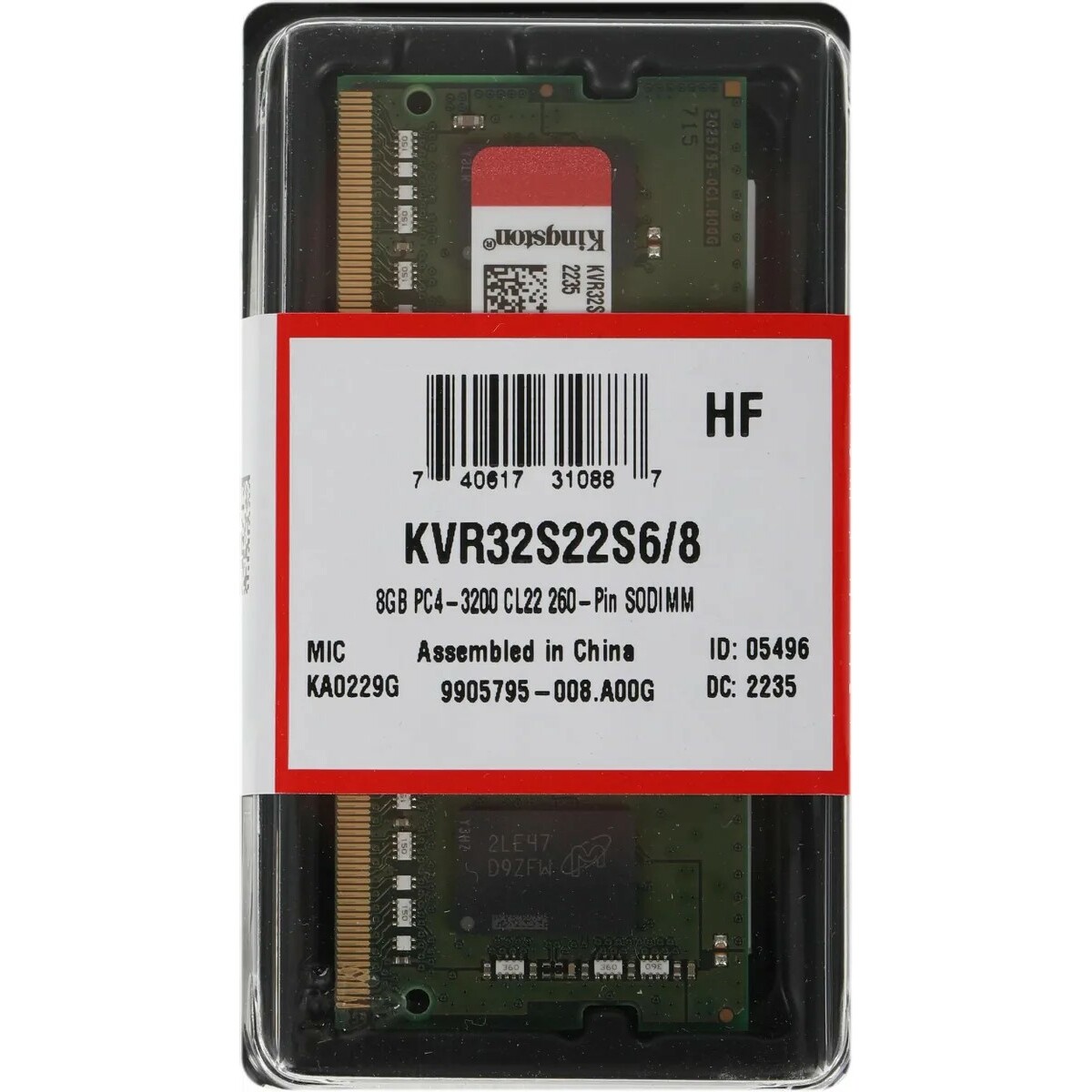 Память DDR4 8Gb 3200MHz Kingston KVR32S22S6/8 VALUERAM RTL PC4-25600 CL22 SO-DIMM 260-pin 1.2В single rank