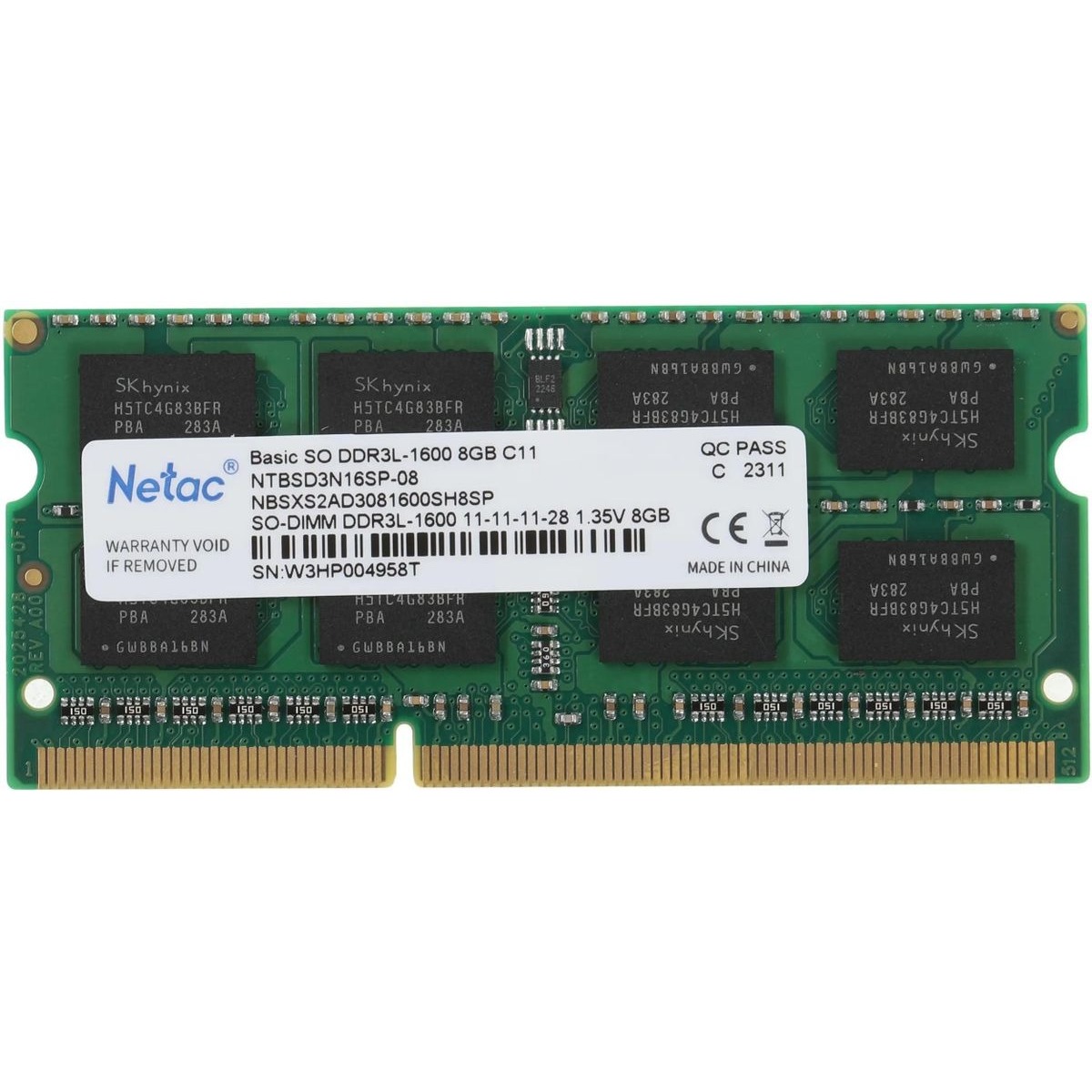 Память DDR3L 8Gb 1600MHz Netac NTBSD3N16SP-08 Basic RTL PC3-12800 CL11 SO-DIMM 260-pin 1.35В single rank