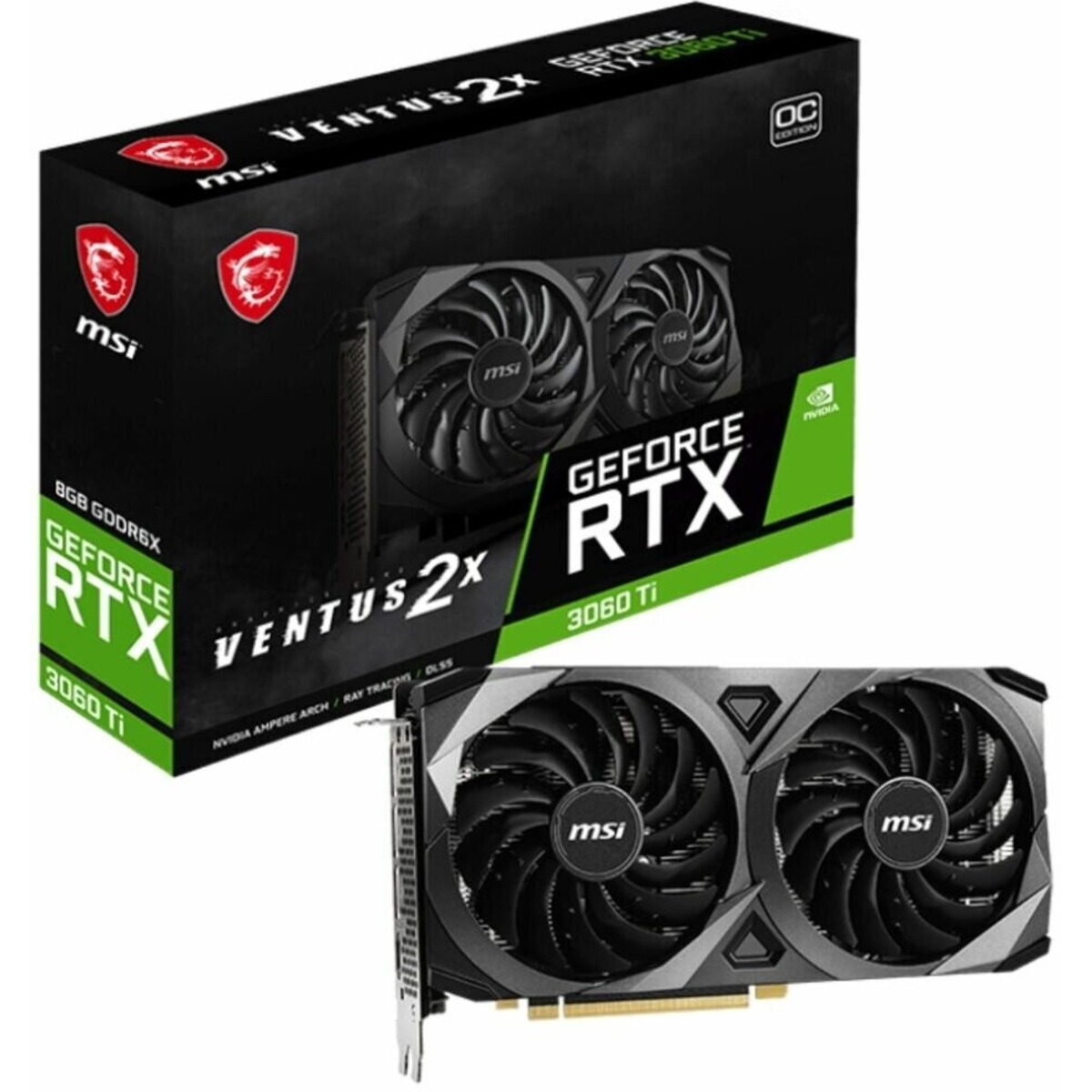 Видеокарта MSI PCI-E 4.0 RTX 3060 Ti VENTUS 2X 8GD6X OC NVIDIA GeForce RTX 3060Ti 8192Mb 256 GDDR6X 1695 / 19000 HDMIx1 DPx3 HDCP Ret